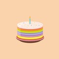 Birthday cake vector illustration with colorful layers and a candy on top.