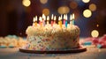 A birthday cake with white frosting and lit candles Royalty Free Stock Photo