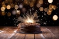 a birthday cake on a white plate with a sparkler on the side Royalty Free Stock Photo