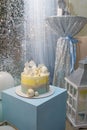 Birthday cake for 1 year old baby boy. Cake with star, clouds toppers, balls, teddy bear and ladder Royalty Free Stock Photo