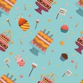 Birthday Cakes, Bakery, Cupcakes, Desserts Or Muffins Seamless Pattern. Tasty Confectionery Party Food With Candles