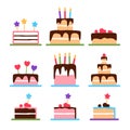 Birthday cakes with candles. Festive flat icon set