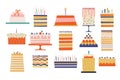 Birthday cakes. Cartoon sweet desserts with colorful decorations, creative bakery products for party celebration Royalty Free Stock Photo