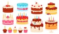 Birthday cakes. Chocolate and pink cake with cream icing and candles. Cartoon sweet cupcakes for party. Happy anniversary dessert Royalty Free Stock Photo