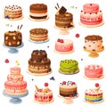 Birthday cakes collection. Tasty festive desserts cartoon vector illustration Royalty Free Stock Photo