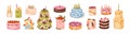 Birthday cakes designs set. Sweet holiday desserts with party candles, cream, berries, flowers, decorations. Modern Royalty Free Stock Photo