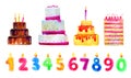 Birthday cakes and number candles set.  Watercolor sketch illustration. Stylized hand drawn cartoon elements Royalty Free Stock Photo