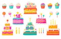 Birthday cakes. Party celebration cupcake with candles and invitation, colorful and chocolate flat cakes. Vector set Royalty Free Stock Photo