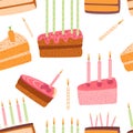 Birthday cakes seamless pattern. Celebration sweet bakery piece. Holiday pastry dessert slices with cream endless background. Royalty Free Stock Photo