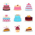 Birthday cakes set. Party cake, anniversary candles cupcake. Homemade celebration cream food, flat party decoration