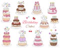 Birthday cakes set, vector hand drawn colorful doodle illustration.
