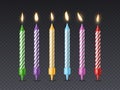 Birthday candle. Candlelight birthday party cake wax burning candle with flicker fire for holiday cakes isolated set