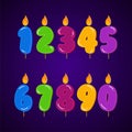 Birthday candle colorful collection set of all numbers. burning colorful candles flat design cartoon style. for anniversary and Royalty Free Stock Photo