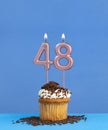 Birthday candle with cupcake on blue background - Number 48