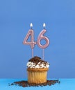 Birthday candle with cupcake on blue background - Number 46