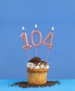 Birthday candle with cupcake on blue background - Number 104 Royalty Free Stock Photo