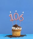 Birthday candle with cupcake on blue background - Number 106 Royalty Free Stock Photo