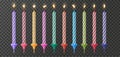 Birthday candles. 3d cake decor for party, happy candlelight flame, fire for anniversary cupcake. Colorful striped wax Royalty Free Stock Photo