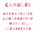 Birthday candles font design. ABC letters and numbers in pastel pink isolated on white. Royalty Free Stock Photo