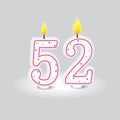 Birthday Candles Number 52 Vector. Festive numeral with flames. Anniversary decoration.