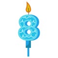 Birthday candles with numbers eight and fire. Colored icon for anniversary or party celebration. Holiday candlelight with wax and Royalty Free Stock Photo