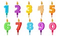 Birthday candles with numbers and fire. Set colored icons for anniversary or party celebration. Holiday candlelight with wax and Royalty Free Stock Photo