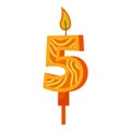 Birthday candles with numbers five and fire. Colored icon for anniversary or party celebration. Holiday candlelight with wax and Royalty Free Stock Photo