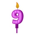 Birthday candles with numbers nine and fire. Colored icon for anniversary or party celebration. Holiday candlelight with wax and Royalty Free Stock Photo