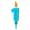 Birthday candles with numbers one and fire. Colored icon for anniversary or party celebration. Holiday candlelight with wax and Royalty Free Stock Photo