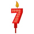 Birthday candles with numbers seven and fire. Colored icon for anniversary or party celebration. Holiday candlelight with wax and Royalty Free Stock Photo