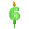 Birthday candles with numbers six and fire. Colored icon for anniversary or party celebration. Holiday candlelight with wax and Royalty Free Stock Photo