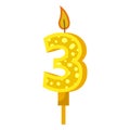 Birthday candles with numbers three and fire. Colored icon for anniversary or party celebration. Holiday candlelight with wax and Royalty Free Stock Photo