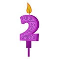 Birthday candles with numbers two and fire. Colored icon for anniversary or party celebration. Holiday candlelight with wax and Royalty Free Stock Photo