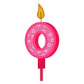 Birthday candles with numbers zero and fire. Colored icon for anniversary or party celebration. Holiday candlelight with wax and Royalty Free Stock Photo