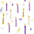 Birthday candles seamless pattern. Presents and gifts festive wrapping paper. Celebration, greeting postcard backdrop. Colorful