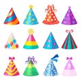 Birthday caps. Cartoon party decoration celebration element vector colored caps collection