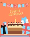 festive birthday card. Gifts, cakes, candles