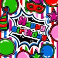 Birthday card with balloons, blast, carnival mask and hat. Vector.