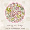 Birthday card with big round of spring flowers, vector illustra Royalty Free Stock Photo