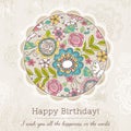 Birthday card with big round of spring flowers, vector Royalty Free Stock Photo