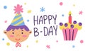 Birthday card with a boy, with a cupcake, candle and confetti on a white background. A holiday card, an invitation to a