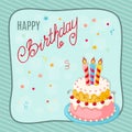 Birthday card with cake, cherries, three candles into frame