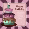 Birthday card with cake. Concept for birthdays, Valentine`s Day, weddings. Flat illustration