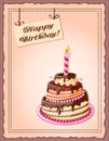 Birthday card with cake tier, candle, cherry and text