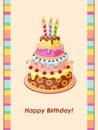 Birthday card with cake tier, candles and cherry