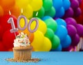 Birthday candle number 100 - Invitation card with balloons in colors of the gay pride march Royalty Free Stock Photo