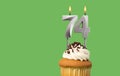 Birthday card with candle number 74 - Cupcake on green background