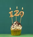 Birthday card with candle number 129 - Green background Royalty Free Stock Photo