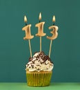 Birthday card with candle number 113 - Green background
