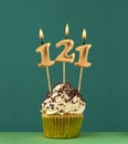 Birthday card with candle number 121 - Green background